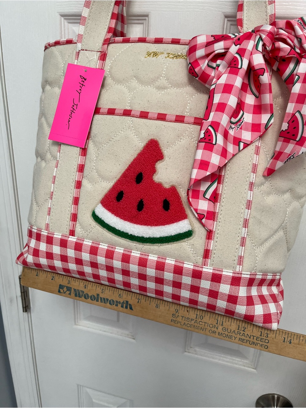 Betsey Johnson New Canvas Gingham Tote Handbag Bag Scarf Summer Spring Picnic - Picture 14 of 16